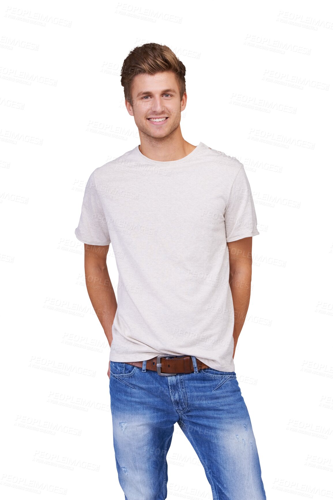 Buy stock photo Fashion, portrait and man smile in white tshirt isolated on a transparent png background. Happy, style or confident person with positive mindset, casual clothes or trendy jeans for aesthetic in Spain