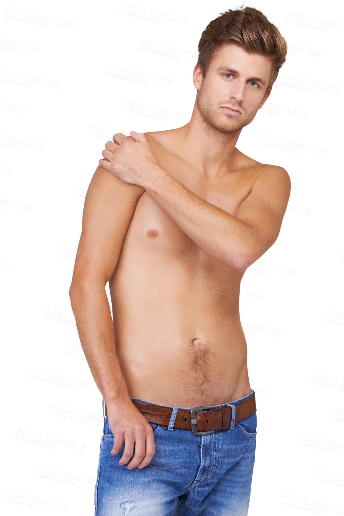Buy stock photo Body, topless and portrait of man with fitness results on isolated, transparent and png background. Face, attitude and male model show chest, serious or confident, attractive with healthy lifestyle