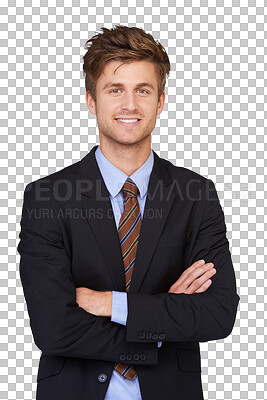 Buy stock photo Portrait, business and man with arms crossed, smile and confident guy isolated against a transparent background. Male person, employee and consultant with happiness, professional and agent with png