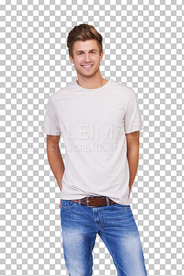 Buy stock photo Portrait, fashion and happy man in white tshirt isolated on a transparent png background. Smile, style or confident person with positive mindset, casual clothes or trendy jeans for aesthetic in Spain