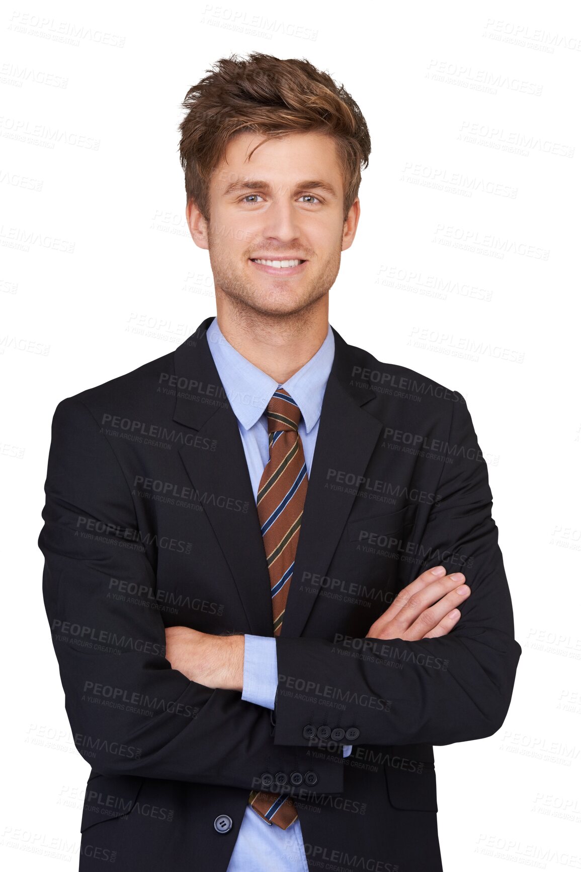 Buy stock photo Portrait, business and man with arms crossed, happy and confident agent isolated against a transparent background. Male person, employee or entrepreneur with happiness, professional or smile with png