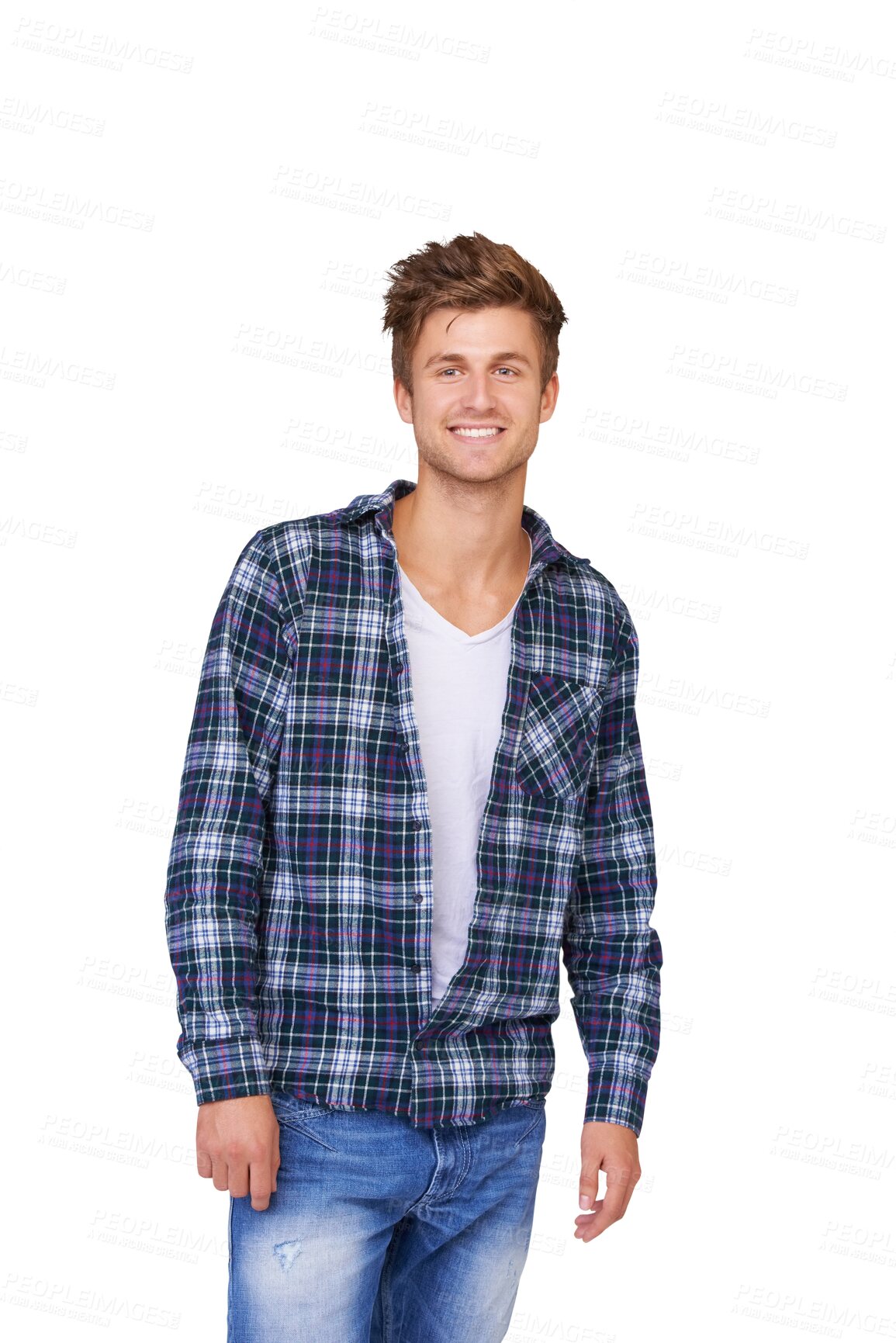 Buy stock photo Style, smile and portrait of young man with casual, trendy and cool outfit or clothes. Confident, stylish and male model from Canada with classy shirt fashion isolated by transparent png background.