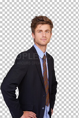 Buy stock photo Business man, work portrait and suit with corporate confidence isolated on transparent, png background. Career, professional and young male person with worker and job success with lawyer employee