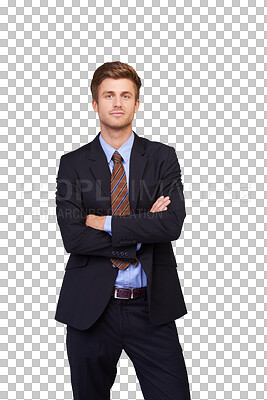 Buy stock photo Serious, arms crossed or portrait of businessman with professional, corporate or leadership. Power, confident finance attorney or proud male lawyer in suit isolated on transparent png background