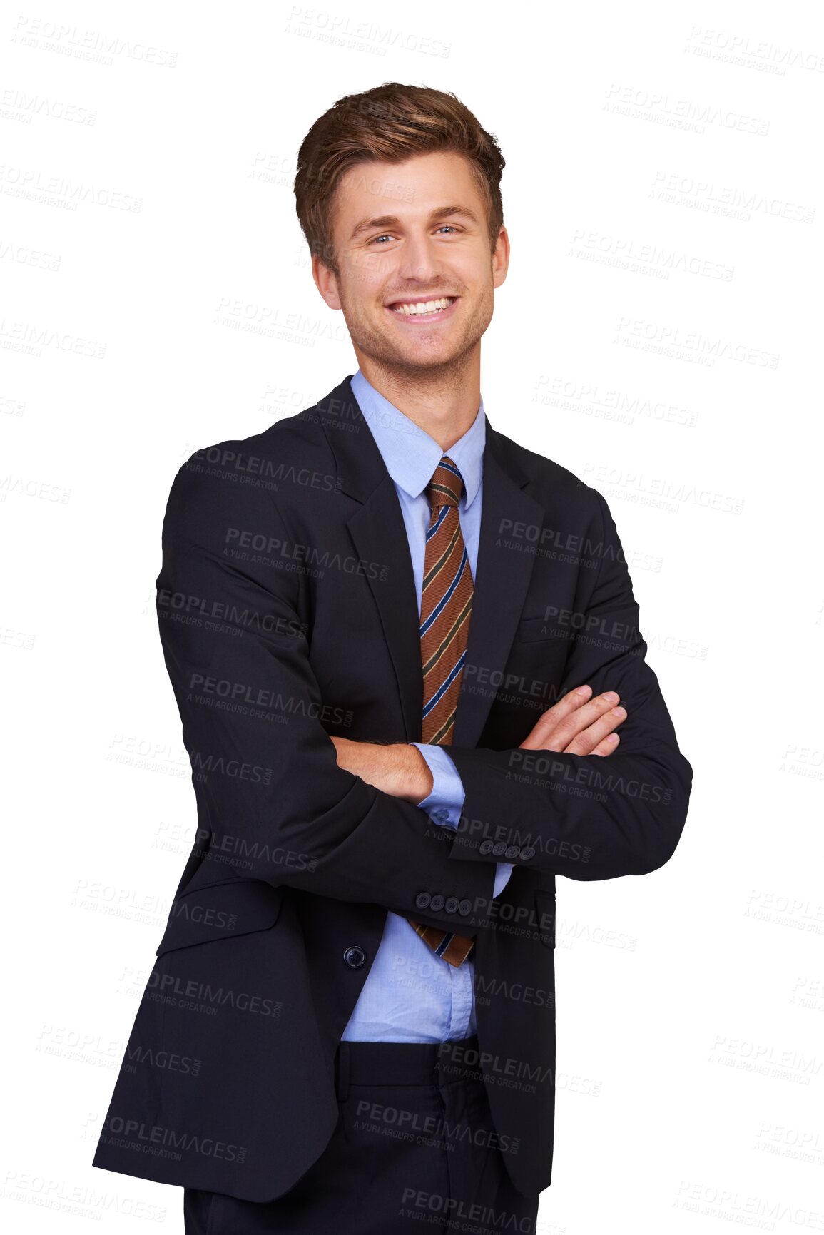 Buy stock photo Business man, portrait and suit with arms crossed and confidence isolated on a transparent, png background. Work, professional and young male person with smile and success of happy lawyer employee