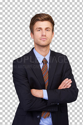 Buy stock photo Businessman, portrait and suit with corporate confidence isolated on a transparent, png background. Work, serious professional and young male person with worker and job success as lawyer or attorney