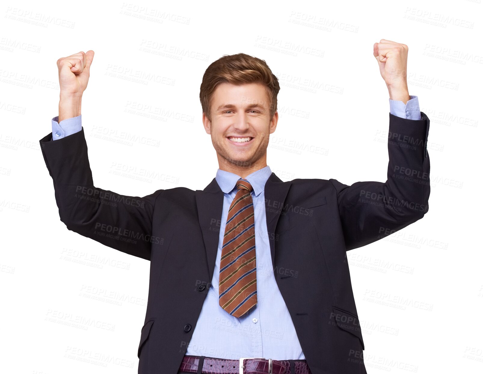 Buy stock photo Winner, portrait or happy businessman with success or fist for winning victory isolated on png background. Hands up, transparent or excited salesman with profit for achievement, goals or motivation