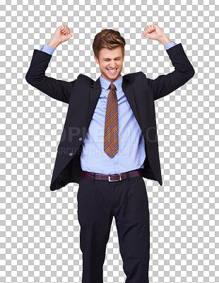 Buy stock photo Success, happy and portrait of entrepreneur celebrate, happy and excited isolated in transparent or png background. Corporate, wow and professional businessman or worker winner of profit opportunity