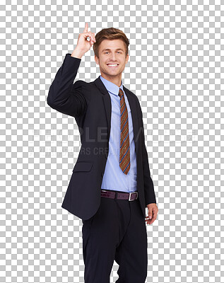 Buy stock photo Portrait, pointing up or happy businessman with announcement, sale discount deal or info. Notification, logo brand promo commercial or proud professional lawyer isolated on transparent png background