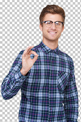 Buy stock photo Business man, portrait and ok hand sign with agreement and motivation. Male employee, happy and isolated on a transparent, png background with work success and smile from target and goals gesture