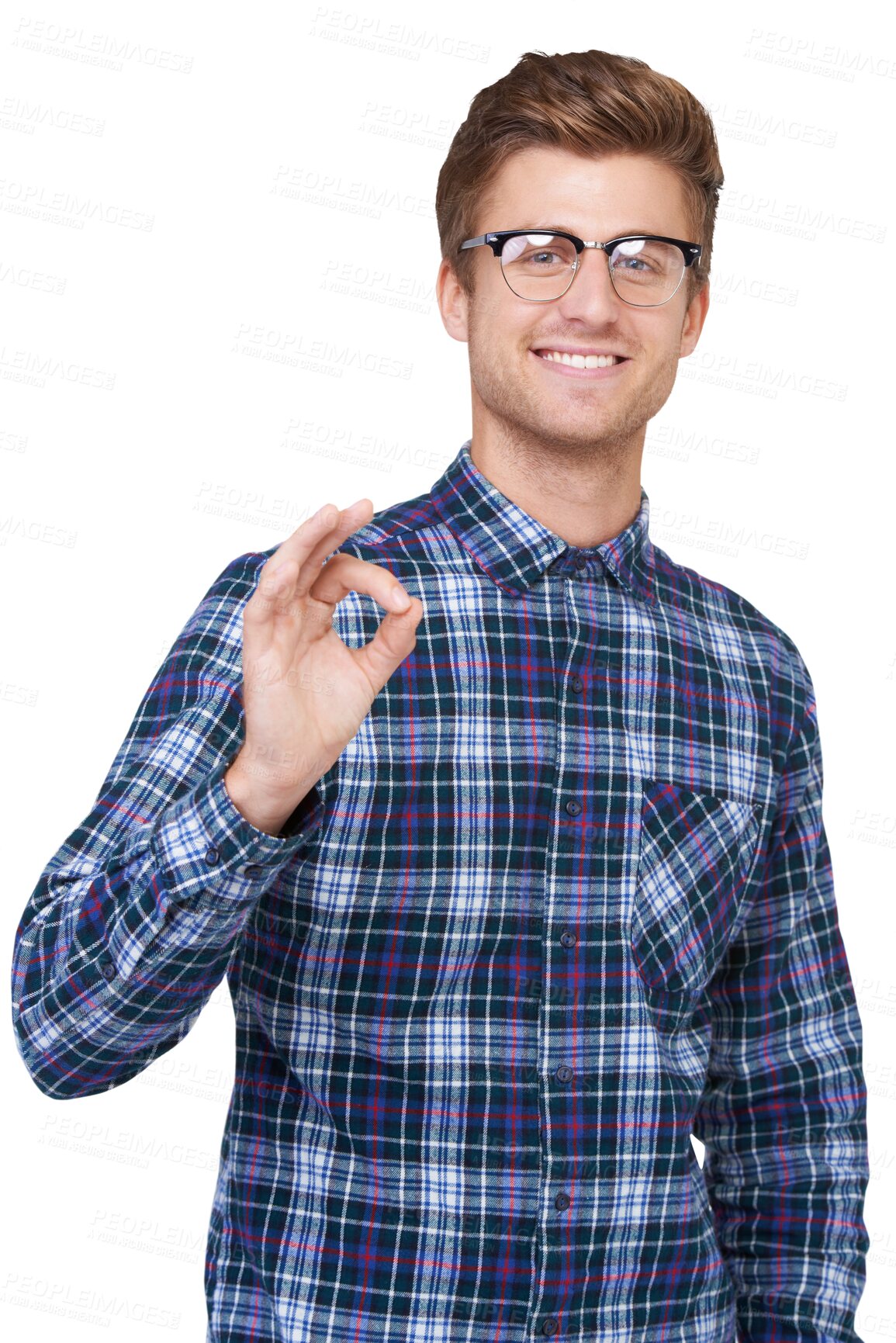 Buy stock photo Business man, portrait and ok hand sign with agreement and motivation. Male employee, happy and isolated on a transparent, png background with work success and smile from target and goals gesture