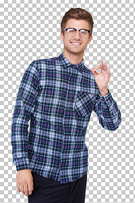 Buy stock photo Business man, job portrait and okay hand sign with agreement and motivation. Male employee, happy and isolated on a transparent, png background with success and smile from target and goals gesture