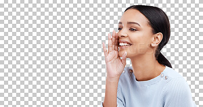 Buy stock photo Happy, woman and hands for whisper, secret or gossip in a conversation, talking or communication. Rumor, news and girl with hand for privacy, mystery or sharing isolated by transparent png background