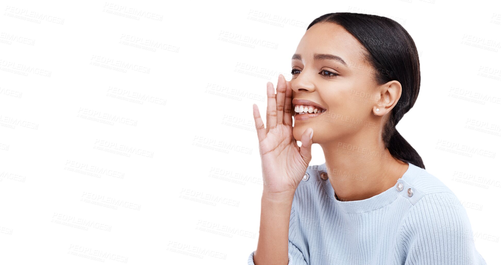 Buy stock photo Happy, woman and hands for whisper, secret or gossip in a conversation, talking or communication. Rumor, news and girl with hand for privacy, mystery or sharing isolated by transparent png background