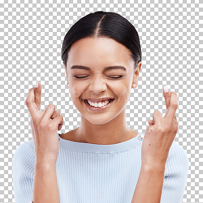 Fingers crossed, hope and woman with a smile and happiness in a studio with wish. Excited, waiting and hands optimism emoji of a young female ready for winning and lottery prize with white background