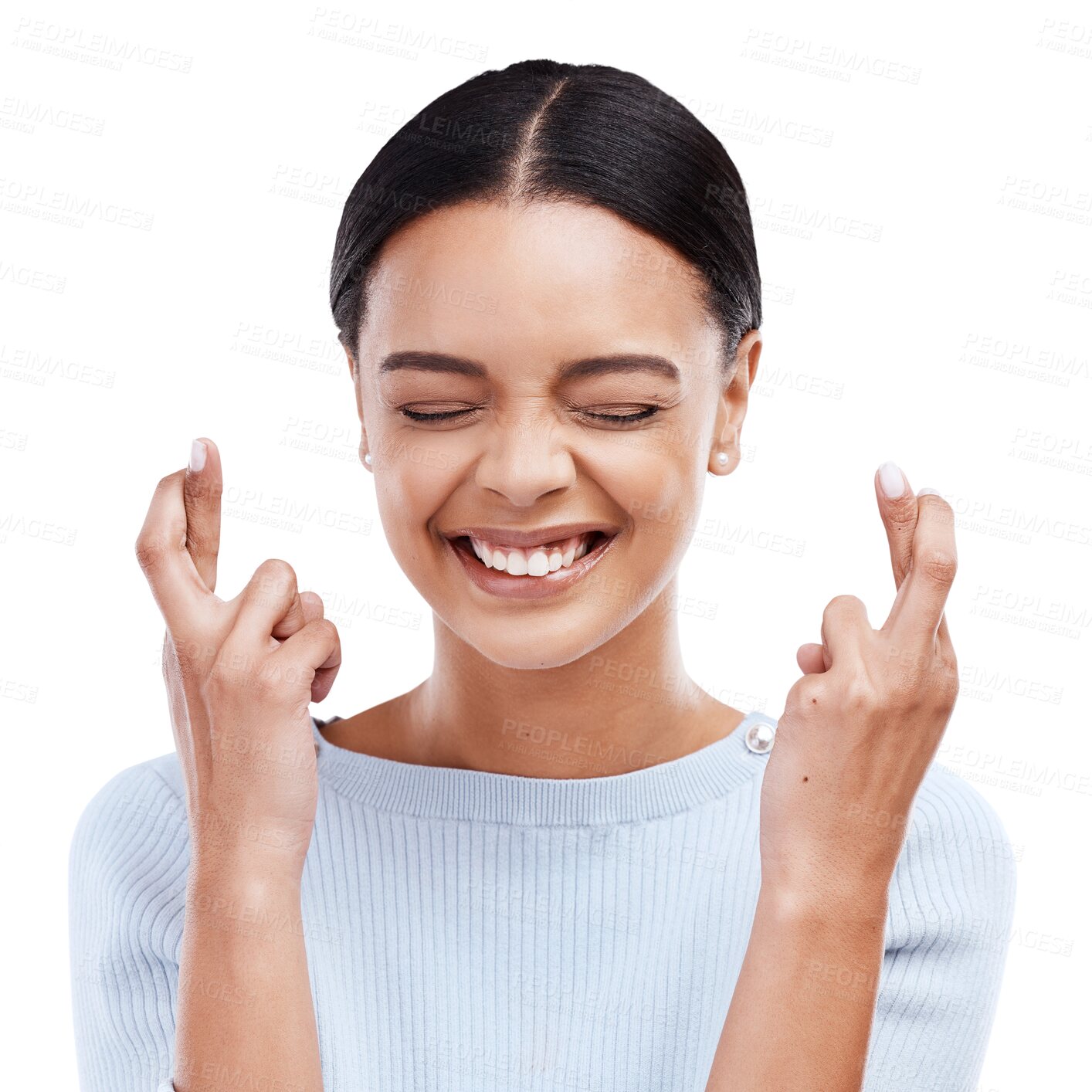 Buy stock photo Fingers crossed, hope and woman excited with a smile and isolated in a transparent or png background for a wish. Happy, waiting and young female person with optimism hands or sign for lottery luck
