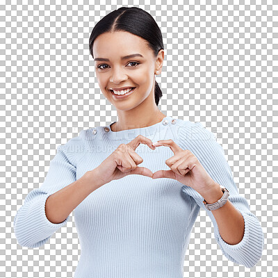 Face portrait, studio and happy woman with heart hand sign for romantic love, care and support. Valentines day, happiness and isolated person with emoji icon gesture for kindness on white background