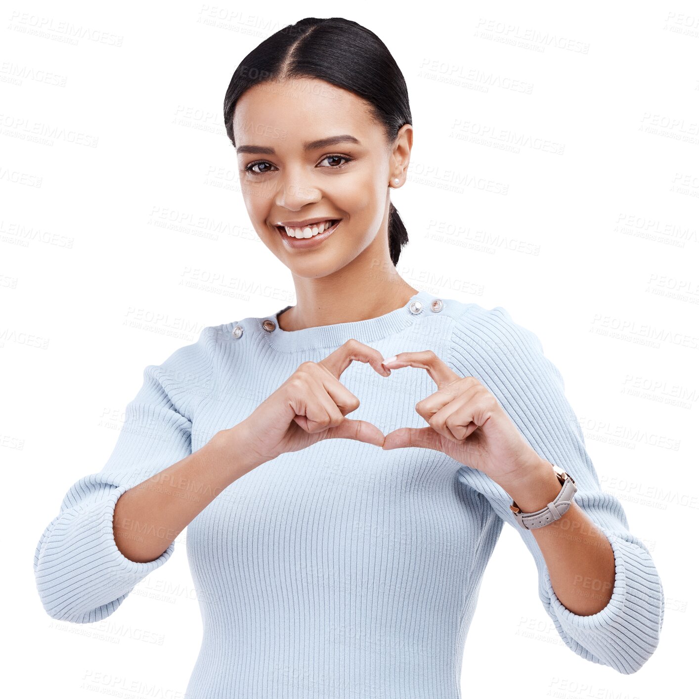 Buy stock photo Portrait, heart hand sign and happy woman, love and care with support and health isolated on transparent png background. Icon, gesture and emoji, vote and feedback with female model and wellness