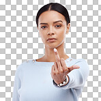 Woman, studio and middle finger portrait for angry, frustrated and rude emoji. Face of a serious female model with hand gesture for opinion, offended or anger and hate sign on a white background