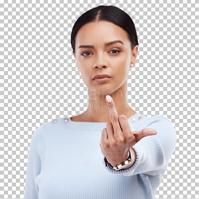 Woman, studio and middle finger portrait for angry, frustrated and rude emoji. Face of a serious female model with hand gesture for opinion, offended or anger and hate sign on a white background
