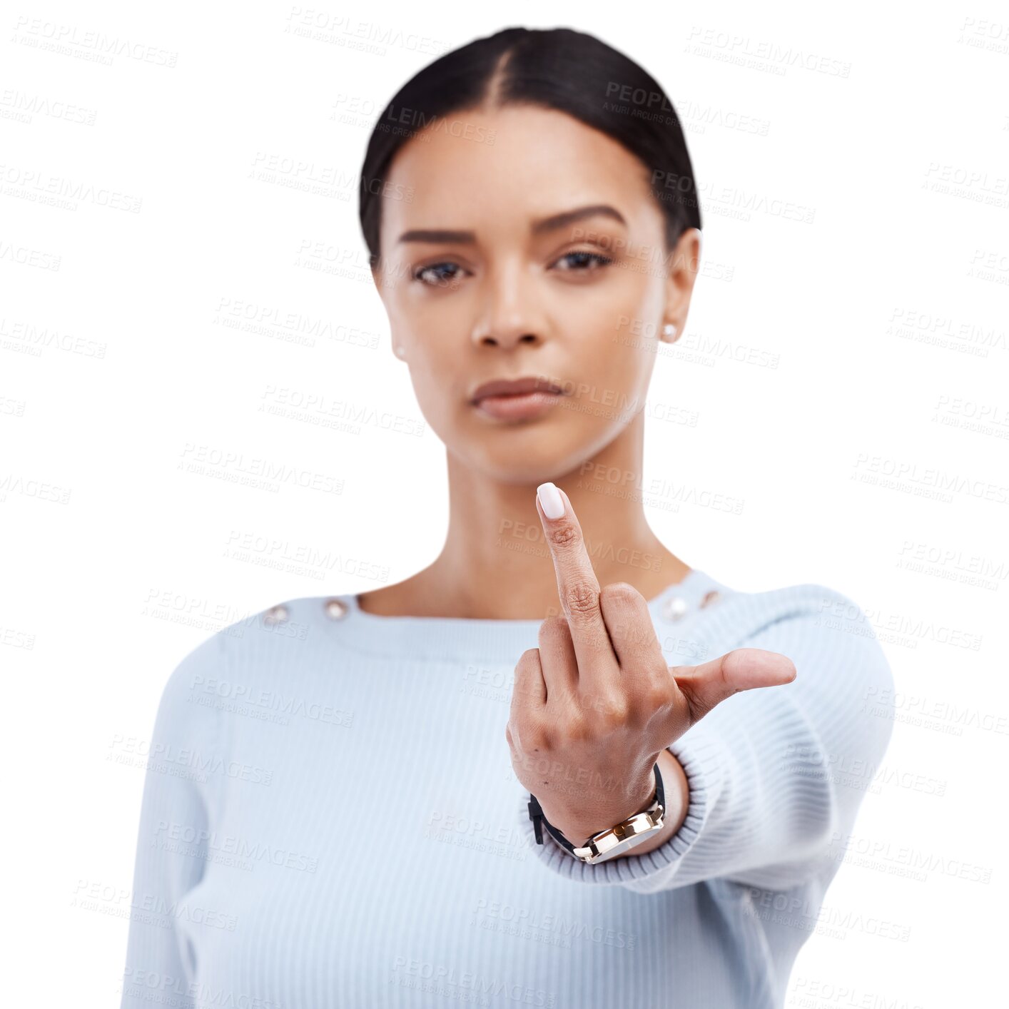 Buy stock photo Angry, middle finger and portrait of woman frustrated with rude emoji isolated in a transparent or png background. Serious, conflict and female person with hand gesture for opinion, problem or hate