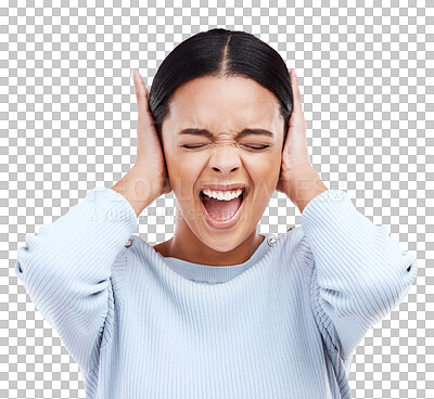 Buy stock photo Shouting, stress and anxiety with face of woman on png for frustrated, anger or noise. Mental health, angry and problem with person screaming isolated on transparent background for burnout and crisis