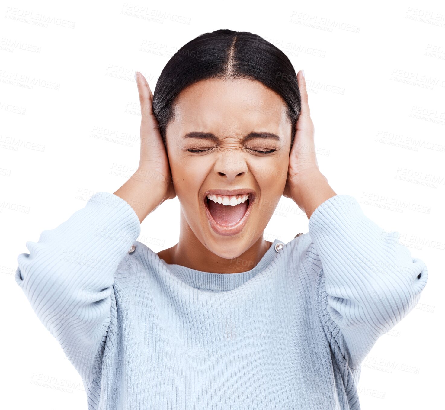 Buy stock photo Shouting, stress and anxiety with face of woman on png for frustrated, anger or noise. Mental health, angry and problem with person screaming isolated on transparent background for burnout and crisis