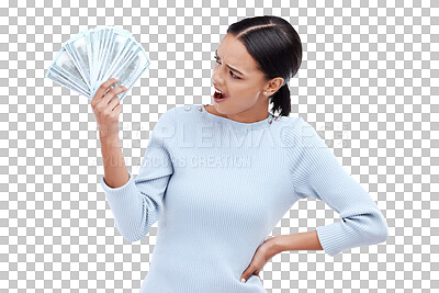 Woman, surprise and cash fan in studio with excited face, happy and winning with prize, bonus or profit. Student, winner girl and young model with wow for money, investment or win by white background
