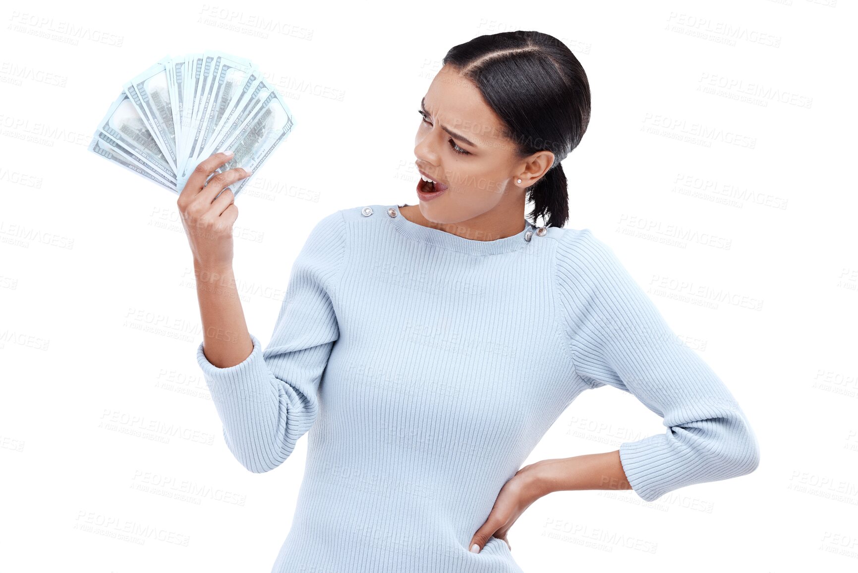 Buy stock photo Surprise, finance and winner with woman and money on png for prize, success or investment. Wow, dollar and bonus with person and cash isolated on transparent background for savings, profit or lottery