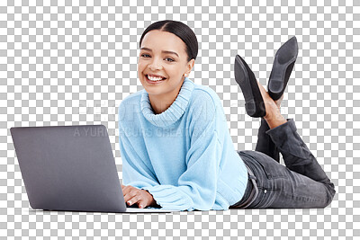 Buy stock photo Laptop, relax and portrait of woman online for website on isolated, png and transparent background. Student, digital learning and happy female person on computer for research, project and internet