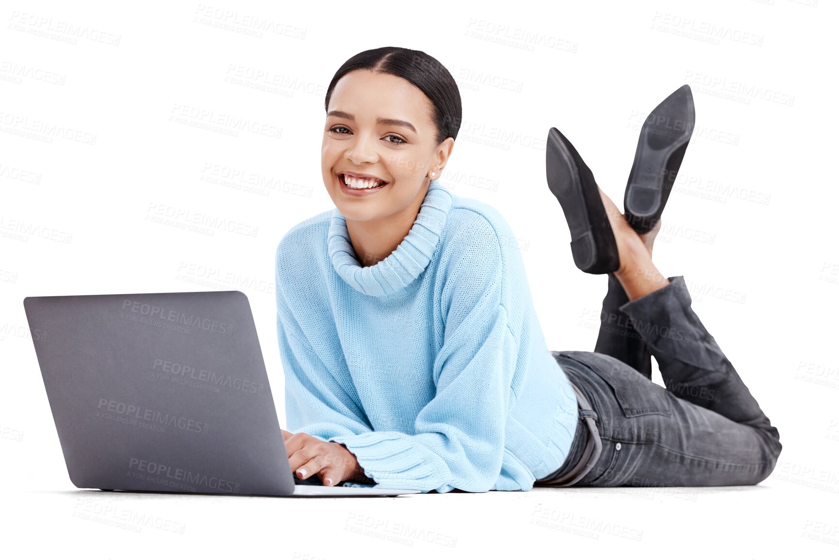 Buy stock photo Laptop, relax and portrait of woman online for website on isolated, png and transparent background. Student, digital learning and happy female person on computer for research, project and internet