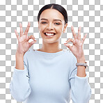 Portrait, hands and perfect sign by woman in studio for okay, perfect and positive review on white background. Face, ok and happy girl with emoji hand for success, vote and support or yes isolated