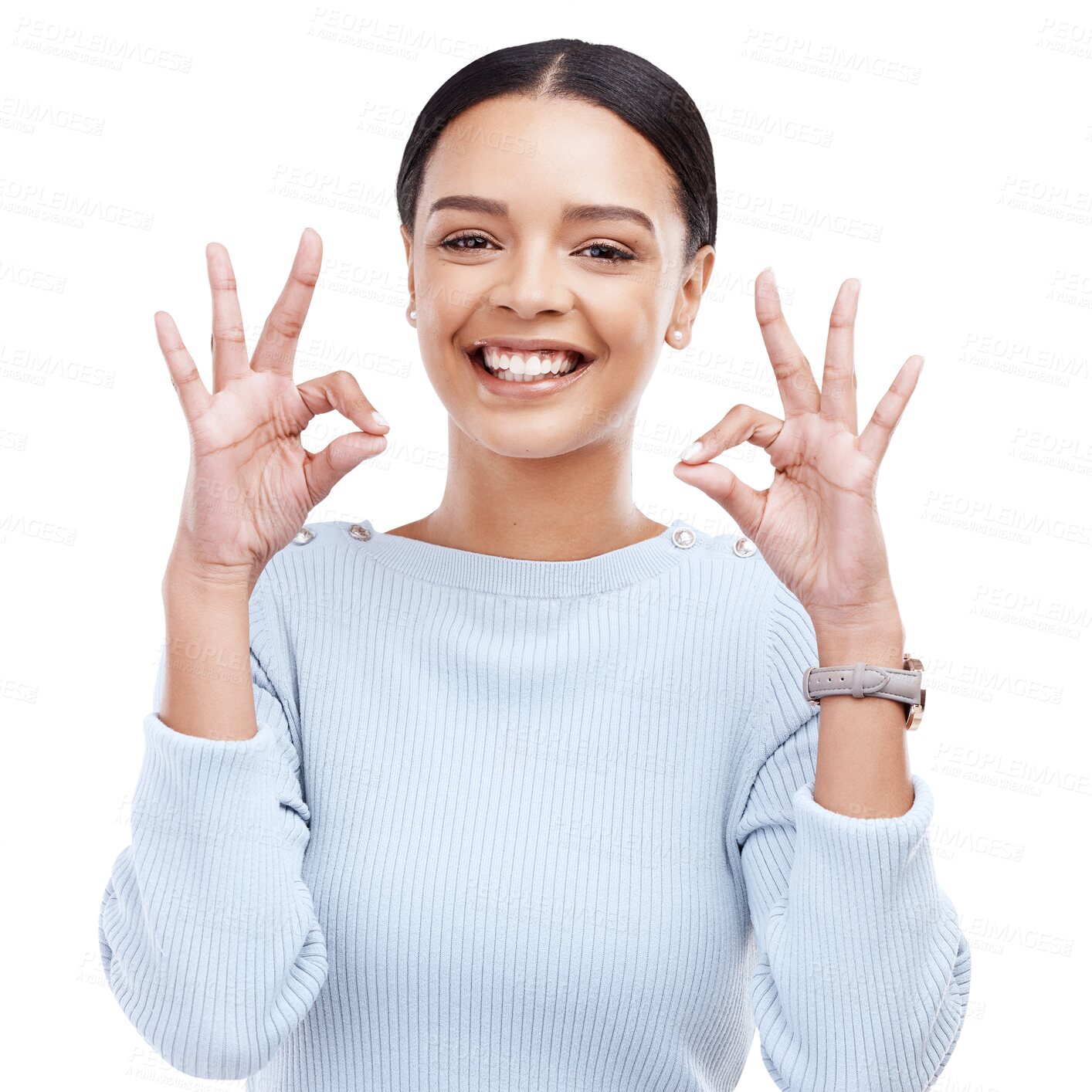 Buy stock photo Woman, portrait and ok sign with smile, hands and emoji isolated on png transparent background. Female person, happy and choice with vote, opinion and like gesture, support and positive feedback