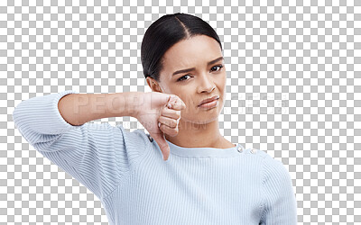 Thumbs down, woman and portrait with no opinion and choice in a studio. Isolated, white background and bad review of a young female feeling disappointed from voting and emoji of fail hand sign