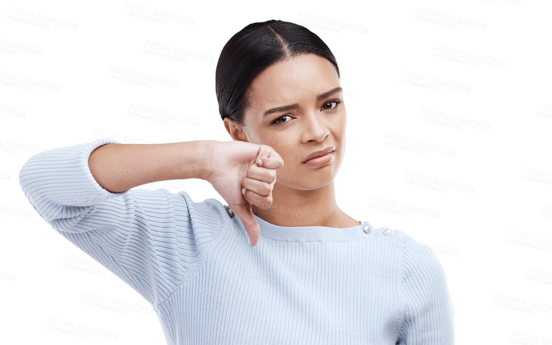Buy stock photo Woman, portrait and thumbs down, hand and opinion with negative feedback isolated on png transparent background. Rejection, no and decision with disagreement, female model vote with choice and voice