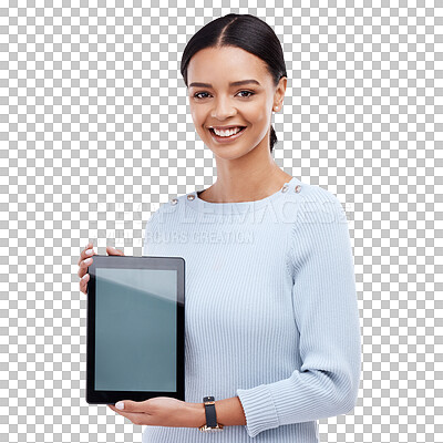 Happy mockup portrait, tablet and woman with sales promotion, advertising copy space or discount deal mock up. Brand commercial, studio or product placement female isolated on white background