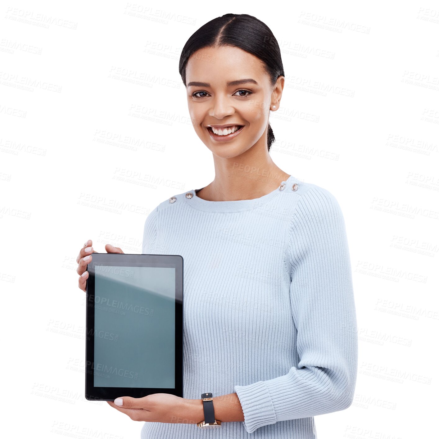 Buy stock photo Woman, tablet mockup and portrait, technology advertising and smile isolated on transparent png background. Female person, website or app promotion, communication and social media with UX and screen