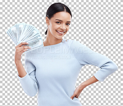 Studio cash money, portrait and happy woman with lottery win, competition giveaway or dollar bills award. Finance bonus, payment or prize winner of poker, bingo or casino gambling on white background