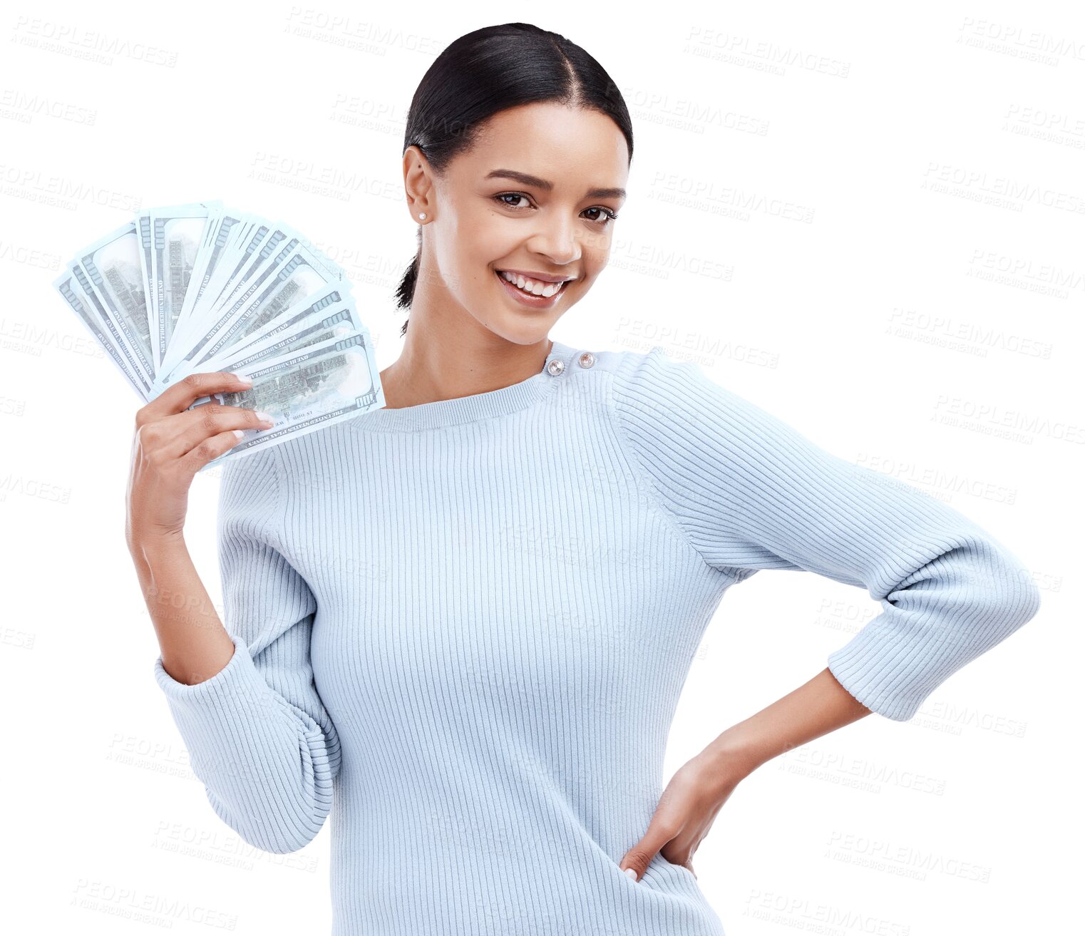 Buy stock photo Success, happy and portrait with woman and money on png for prize, winner or investment. Wow, dollar and bonus with person and cash isolated on transparent background for savings, profit or lottery