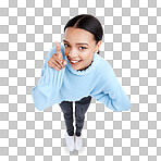 Mock up, face portrait and happy woman point at sales promotion, advertising copy space or discount deal mockup. Brand commercial girl, studio top view or product placement female on white background