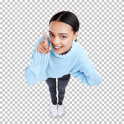 Buy stock photo Top view, happy and portrait of woman pointing at sale, promotion and isolated in a transparent or png background. Discount, promo and excited young female person showing a deal with a smile