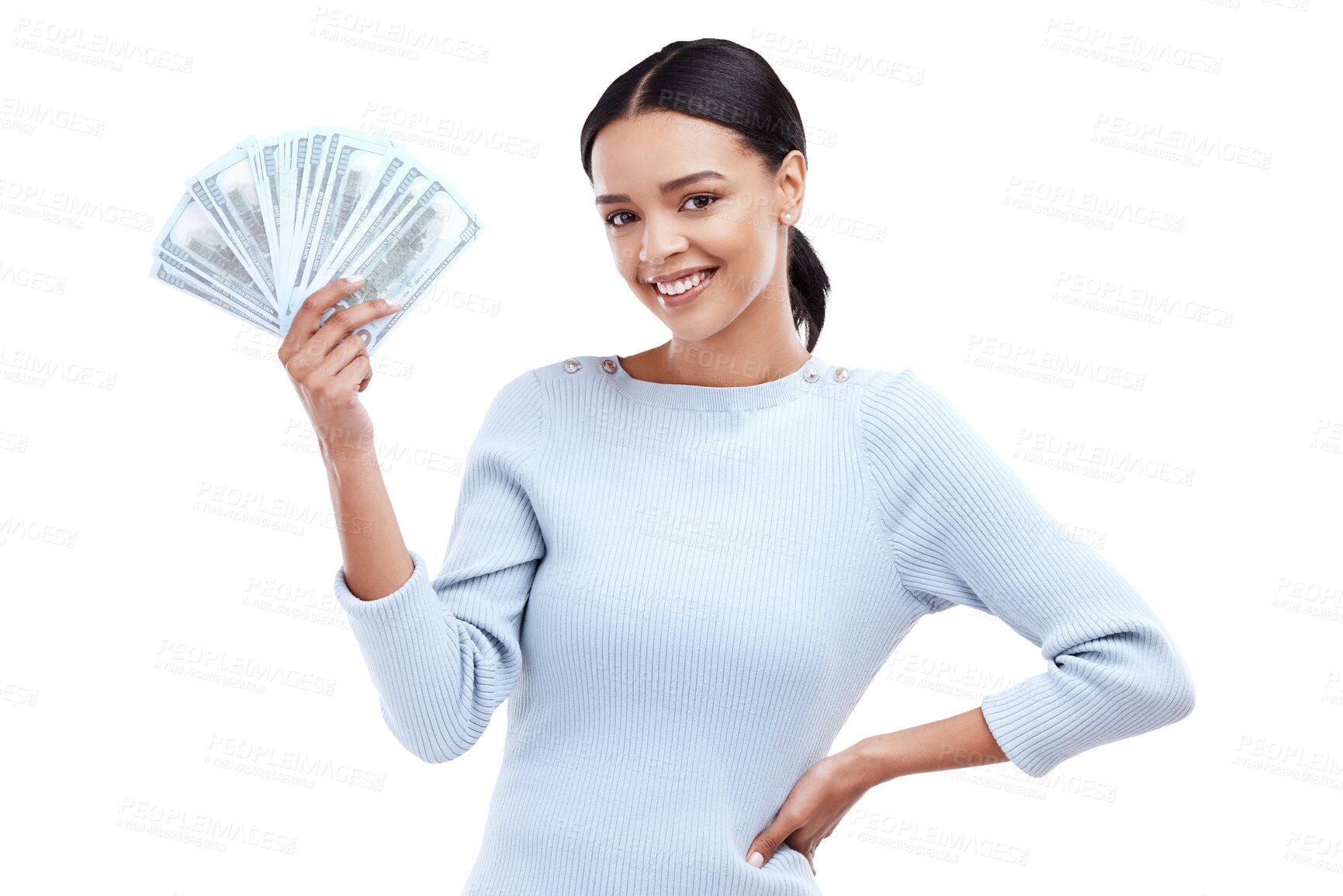 Buy stock photo Portrait, finance and dollar with woman and money on png for prize, success or investment. Wow, finance or bonus with person and cash isolated on transparent background for savings, profit or lottery