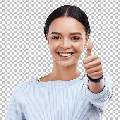 Portrait, thumbs up and motivation with a woman on a white background in studio for feedback or success. Winner, emoji or hand gesture with an attractive young female saying thank you to show support