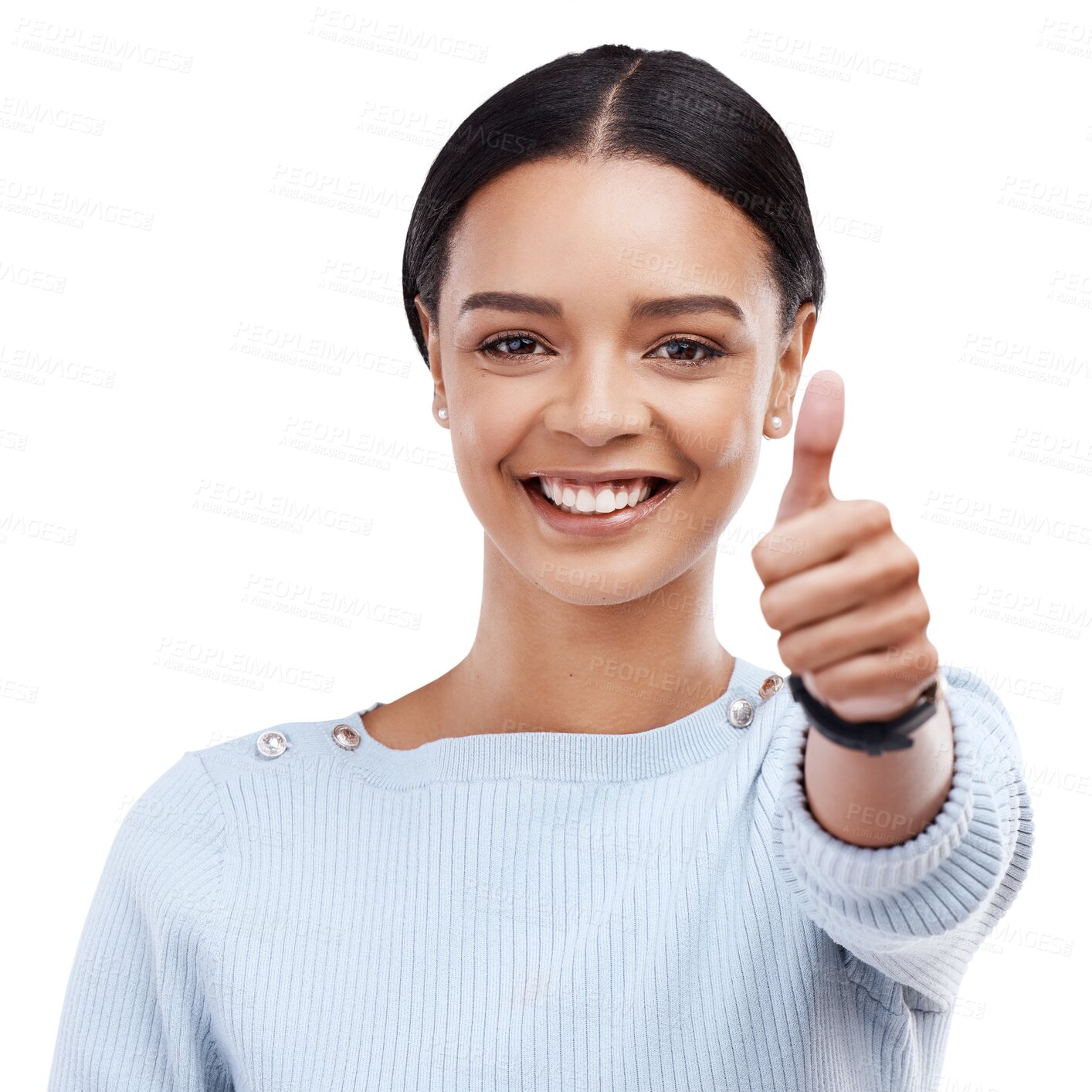 Buy stock photo Hand, face and woman, thumbs up and agreement with positive feedback and vote isolated on png transparent background. Support, success and opinion, thank you and emoji with female model in portrait