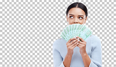 Studio money, thinking face and woman contemplating lottery, mockup competition giveaway or euro cash award. Advertising mock up, financial payment idea or casino prize winner on white background