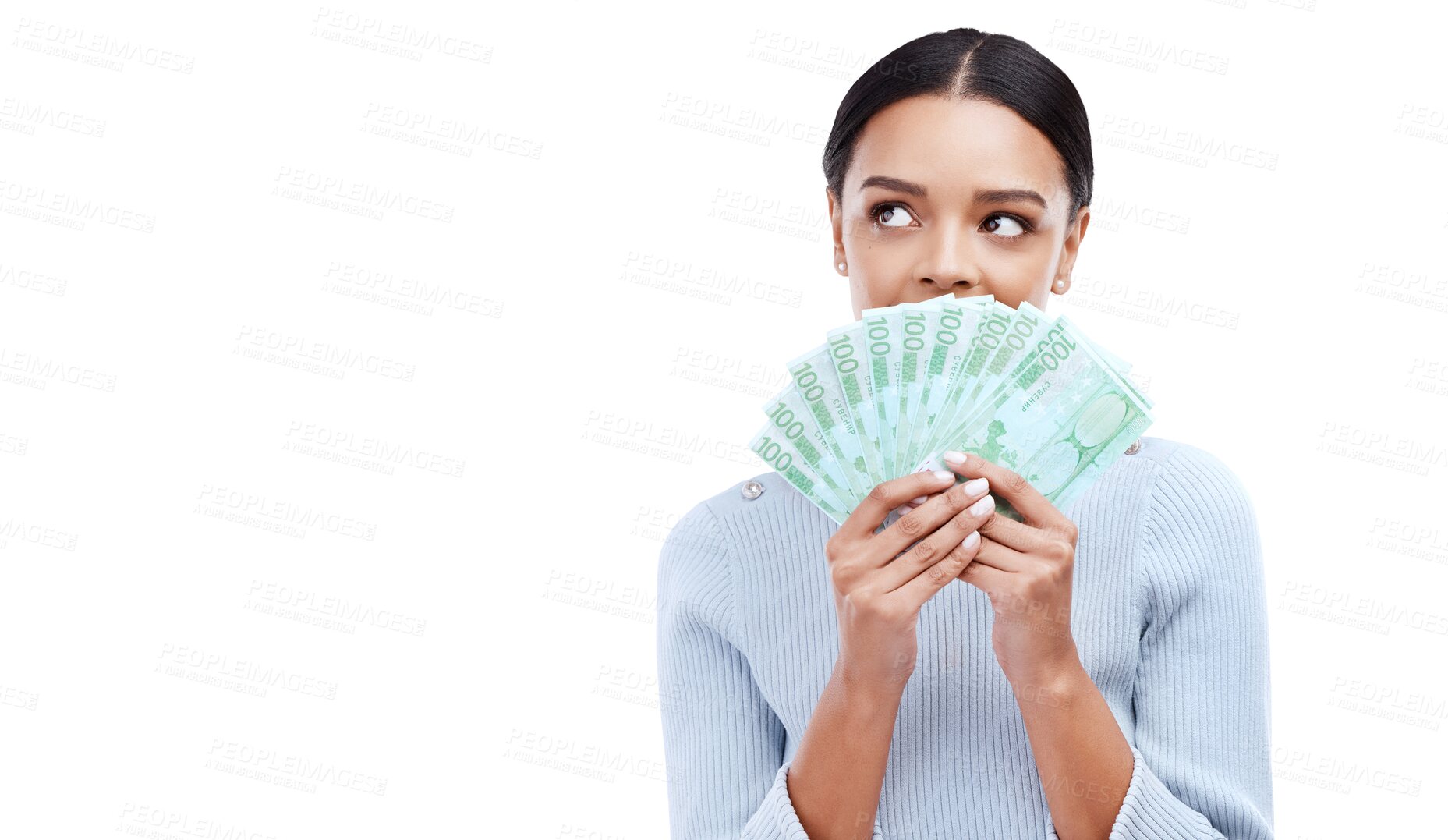 Buy stock photo Thinking, finance and winner with woman and money on png for prize, success or investment. Wow, dollar and bonus with person and cash isolated on transparent background for savings, profit or lottery