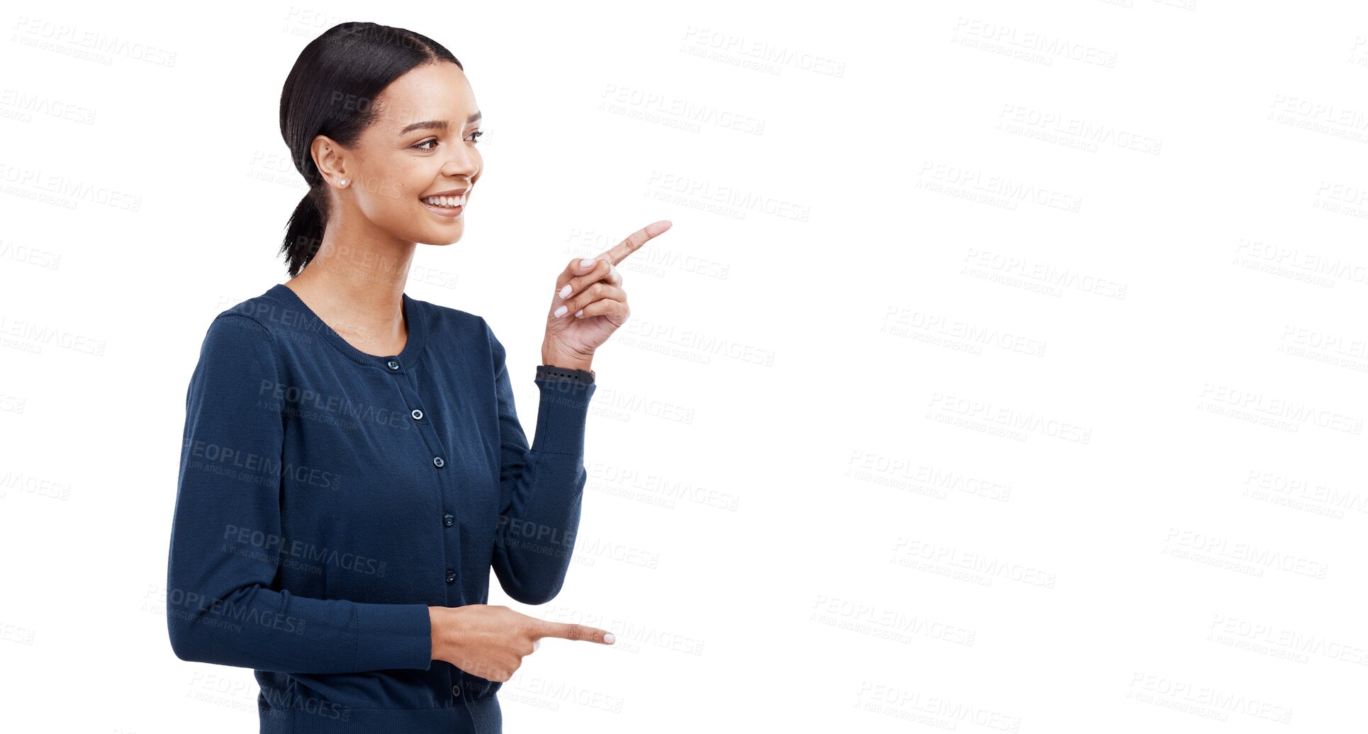 Buy stock photo Pointing, profile or happy woman with sale checklist, retail offer or discount deal isolated on png. Transparent background, smile or girl showing steps guide, bullet point info or menu choice promo