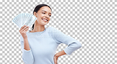 Money, dollar notes or mockup woman with lottery award, competition giveaway or salary cash payment. Winning finance bonus, financial freedom income or female prize winner on studio white background