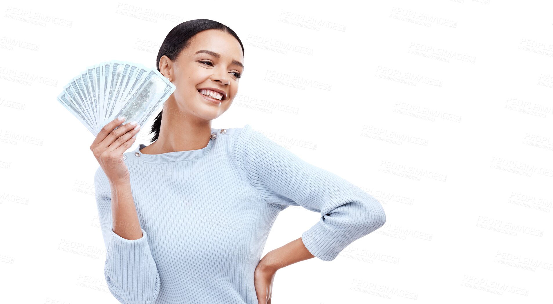 Buy stock photo Success, finance and winner with woman and money on png for prize, fan or investment. Wow, dollar and bonus with person and cash isolated on transparent background for savings, profit or lottery