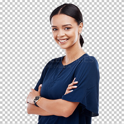 Portrait, employee and woman with smile, arms crossed and confident girl isolated on a white studio background. Face, female entrepreneur and happy leader with happiness, success or management skills